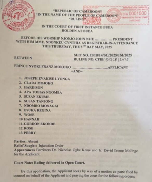 Court of First Instance Buea grants an Injunction Order halting the entering and burial of a corpse in the private residence with a permanent residential building peacefully and quietly occupied for more than 30 years by Prince Nyoki Franz Mokoko